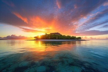 Wall Mural - remote island with sunrise, featuring colorful sky and crystal-clear waters, created with generative ai