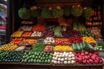 Wall Mural - close-up of colorful vegetable stand, with fruits and vegetables displayed in an appealing arrangement, created with generative ai
