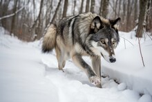 Grey Wolf Walking In Snow, Leaving Behind Its Tracks, Created With Generative Ai