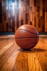 Poster - close-up of a basketball on a wooden court, created with generative ai