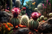 Rare Cactus Species With Vibrant Flowers In Bloom, Created With Generative Ai