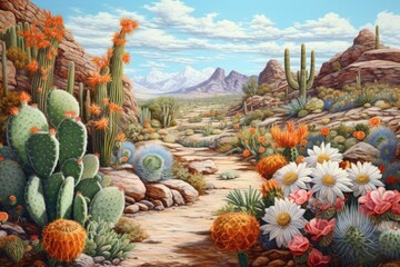 Canvas Print - a variety of blooming cacti in a desert landscape, created with generative ai