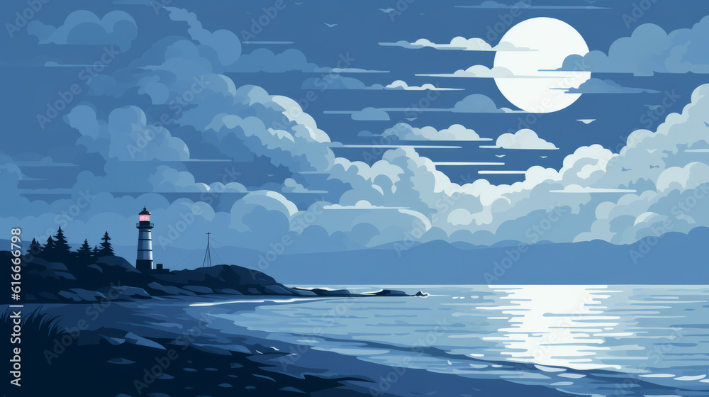 Moonlit beach and a lonely lighthouse in the style of pixel art with ...