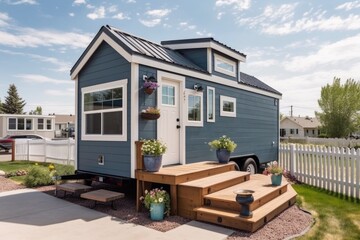 tiny home in quaint town, surrounded by bustling activity and shops, created with generative ai