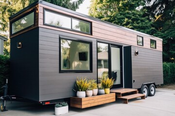 tiny home with modern interior and sleek design, featuring minimalist furniture and pops of color, created with generative ai