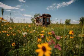 Canvas Print - tiny house in the middle of wildflower field, created with generative ai