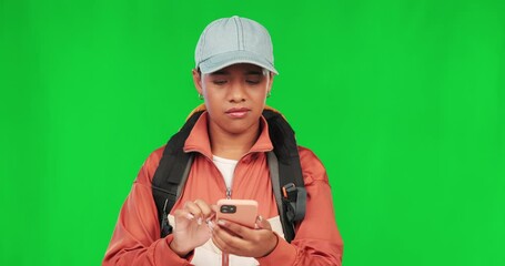 Canvas Print - Hiking, woman and phone with problem on green screen while upset or frustrated with network service. Young female model person with a backpack and smartphone on a studio background for connection