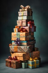 Wall Mural - wrapped gift boxes stacked in a pile, created with generative ai