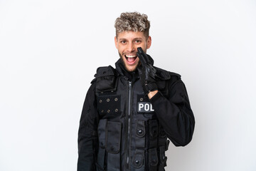 Wall Mural - SWAT caucasian man isolated on white background with surprise and shocked facial expression