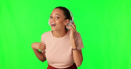 Poster - Face, green screen and woman with headphones, listen and communication against a studio background. Portrait, female person and model with a headset, music and radio with technology, audio and dance