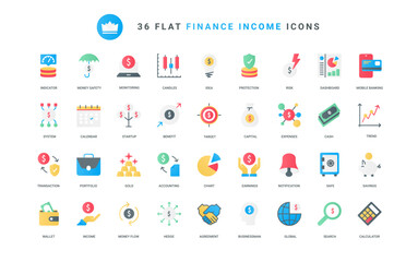 Wall Mural - Financial trends and risks, profit charts on dashboard, plan and budget service in bank account mobile app. Finance and economy, money savings trendy flat icons set vector illustration