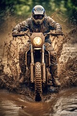 Poster - off-road motorcycle splashing through a muddy puddle, created with generative ai