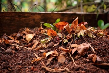 Sticker - close-up of compost pile with decomposing leaves, created with generative ai