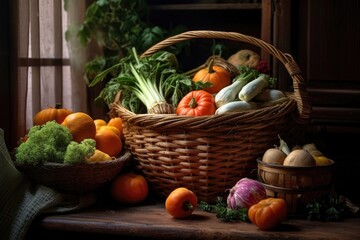 Wall Mural - freshly harvested vegetables in a rustic basket, created with generative ai