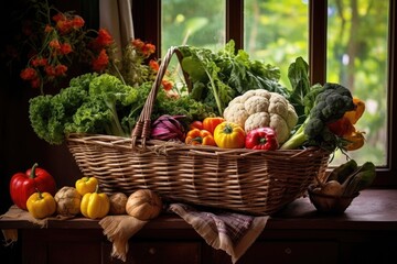 Wall Mural - freshly harvested vegetables in a rustic basket, created with generative ai