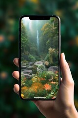 Wall Mural - close-up of phone screen with nature background, created with generative ai