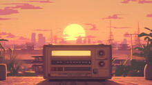Lofi Style Vintage Radio On Sunset Background. Generative AI