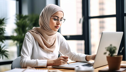 Portrait of successful Muslim businesswoman inside office with laptop, woman in hijab smiling and looking at camera, muslim office worker wearing glasses.