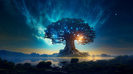 yggdrasil sacred tree of norse and viking folklore. luminous world tree in norse and viking mytholog