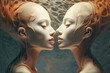 Cloning, twins, genetic biology concept. Profile of two women personas with joined heads, surreal illustration