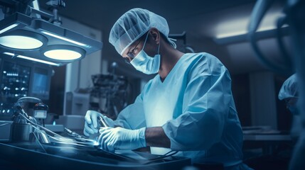 Robotics in Surgery. A photo capturing a surgeon operating with the assistance of robotic arms or surgical robots powered by AI algorithms, highlighting the precision and advancements in robotic surge