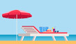 Beach umbrella and Sun lounger. Sunbed with parasol at sand beach. Summer tropical resort with private chaise-longues at seacoast. Sun bed and beach elements. Vector illustration.