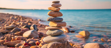 Stack Of Stones Meditation Yoga Balance On Sea Shore, Close Up