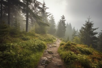 Canvas Print - hiking trail with beautiful views of a misty forest, created with generative ai