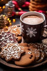 Wall Mural - close-up of christmas cookies and hot cocoa, created with generative ai