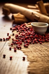 Poster - close-up of coffee beans on a wooden table, created with generative ai