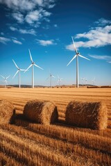 Sticker - wind turbines in a vast field with blue sky background, created with generative ai