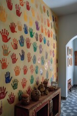 Wall Mural - handprints of different sizes with painted family names on a wall, created with generative ai