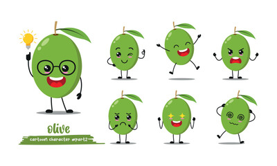 Sticker - cute green olive cartoon with many expressions. fruit different activity pose vector illustration flat design set.