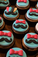 Wall Mural - fathers day themed cupcakes with mustache and tie decorations, created with generative ai
