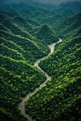 Wall Mural - aerial view of lush green forest and winding river, created with generative ai