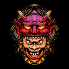 Wall Mural - Japanese man and devil mask spooky, mascot illustration