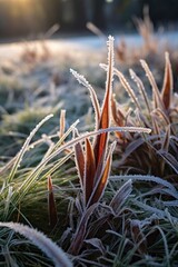 Canvas Print - frost-covered grass blades on a chilly winter morning, created with generative ai