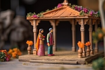 Wall Mural - Traditional Indian wedding. Miniature Husband and wife in national outfits. Indian culture, man and woman created with Generative AI Technology