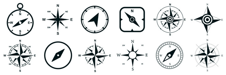 Poster - Compass set icons, navigation equipment sign, flat nautical chart wind rose icon, north, east, south, west, compass symbol collection, geographical position – for stock