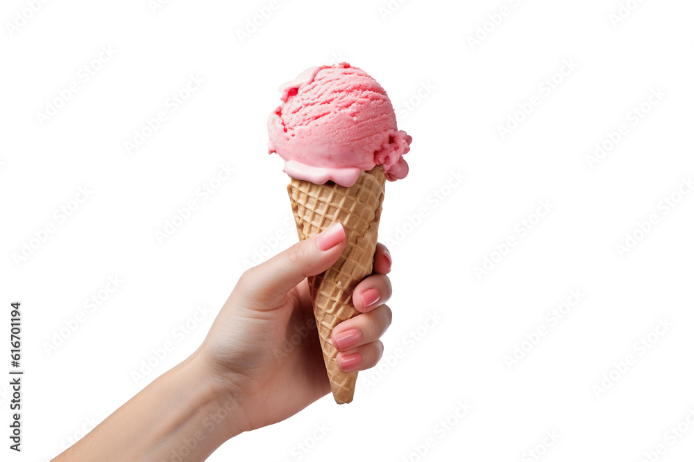 Female hand holding strawberry ice cream cone, isolated on transparent ...