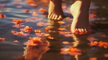 A Person's Feet In Water With Flowers. Generative AI Art.