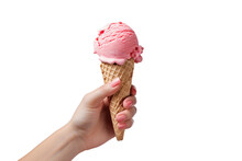 Female hand holding strawberry ice cream cone, isolated on transparent or white background, png