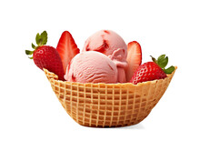 Strawberry Ice Cream In Waffle Basket Isolated On Transparent Or White Background, Png