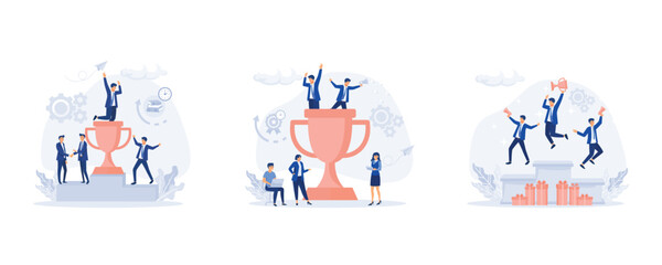 Wall Mural - Success team celebrate success achievement. People standing on the podium rank first, set flat vector modern illustration