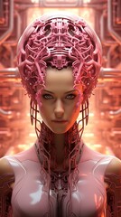 Poster - a woman with pink wires on her head. Generative AI Art.