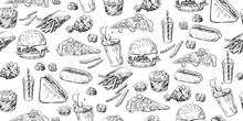 Seamless Pattern With Fast Food. Hamburger, French Fries, Hot Dog, Coffee, Soda, Sauce, Pizza, Nuggets, Sandwich, Burger, Ice Cream. Sketch Style Background Of Street Food Isolated In White Background