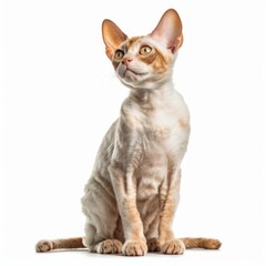 Sitting Devon Rex Cat. Isolated on Caucasian, White Background. Generative AI.