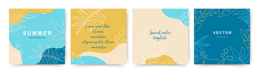 Wall Mural - vector set of summer minimalistic design templates with leaves. beach theme. editable color backgrou