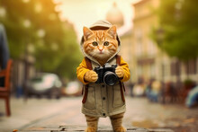 Funny Hipster Photographer Cat With Vintage Photo Camera Posing On A Street Background. Ready To Learn Photography And Taking Pictures.