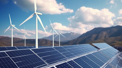 solar energy panels photovoltaic cells and wind turbines with backdrop of nature landscape, mountain